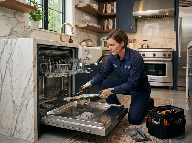 Appliance Repair Hero technician servicing a built-in dishwasher in a Aripeka, FL kitchen